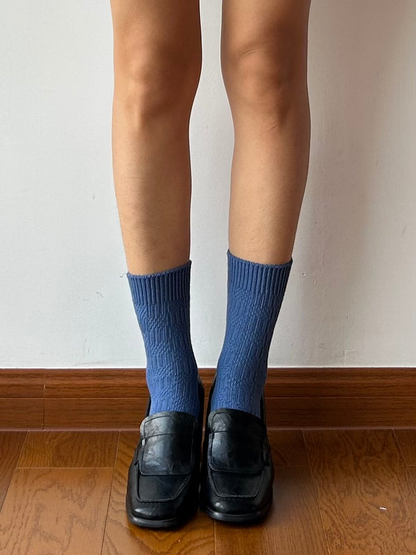 Blue Textured Cotton Crew Socks