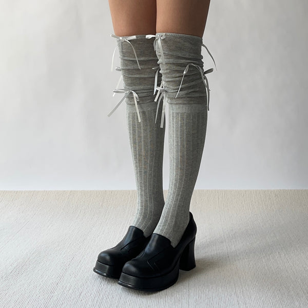 Grey Bow Deco Cotton Over the Knee Socks