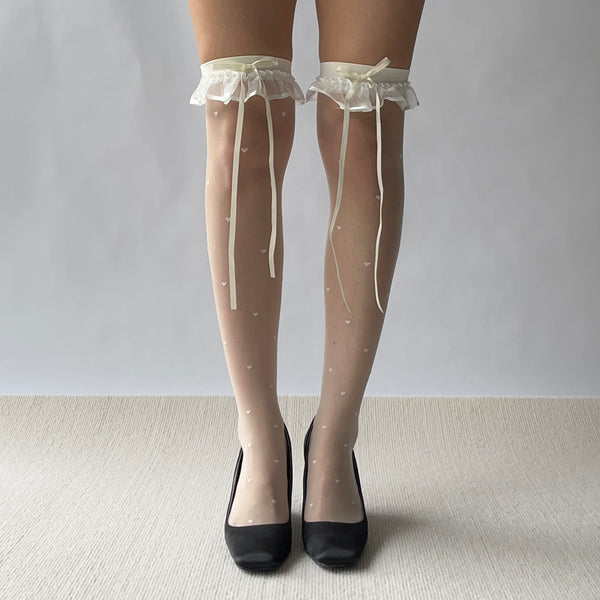 White Bow Deco Ruffle Small Heart Pattern Over the Knee Socks