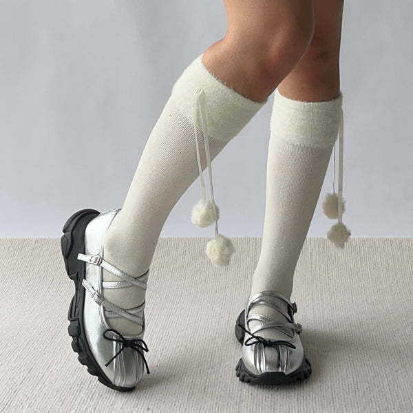 White Fuzzy Ball Deco Cotton Knee High Socks