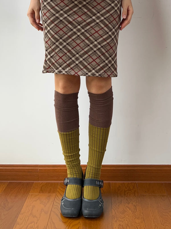 Yellow Green + Brown Cotton Over the Knee Socks