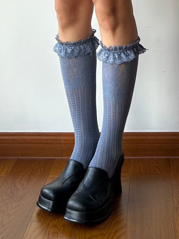 Smoky Blue Ruffle Fishnet Knee High Socks