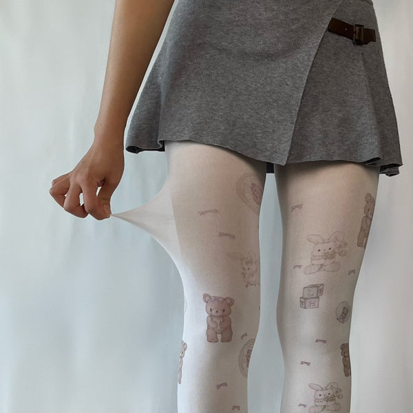 White Cartoon Print Velvet Tights