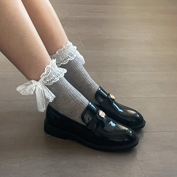 Grey Lace Cotton Cotton Crew Socks