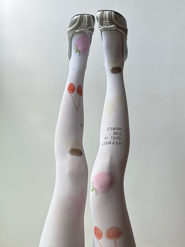 Illustration Collab-White Cherry &Strawberry Print Velvet Tights