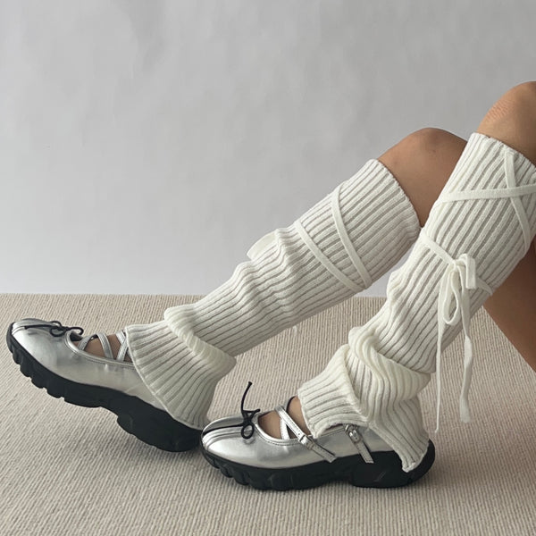 White Lace Up Knitted Leg Warmers