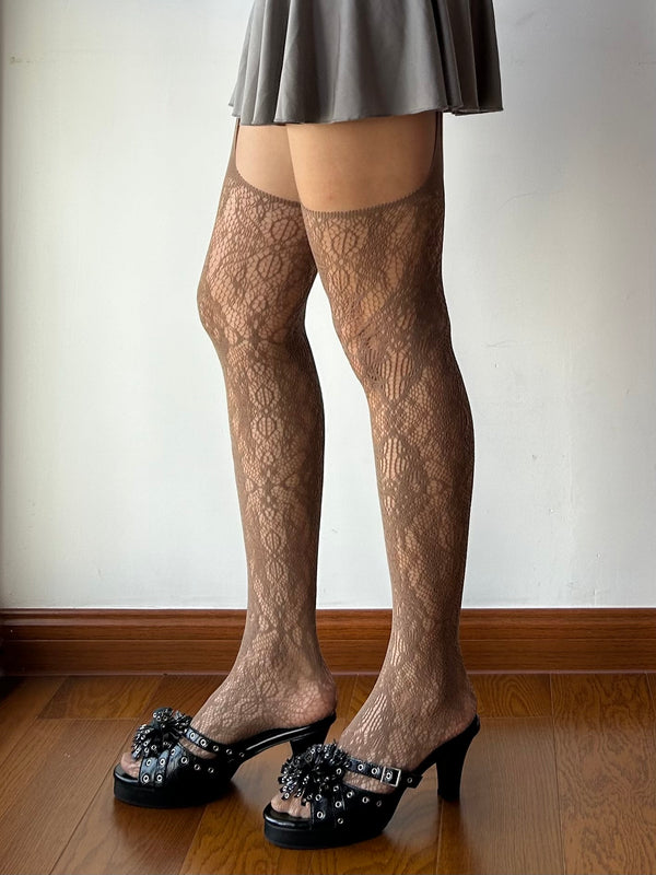 Brown Floral Pattern Stockings with Suspender