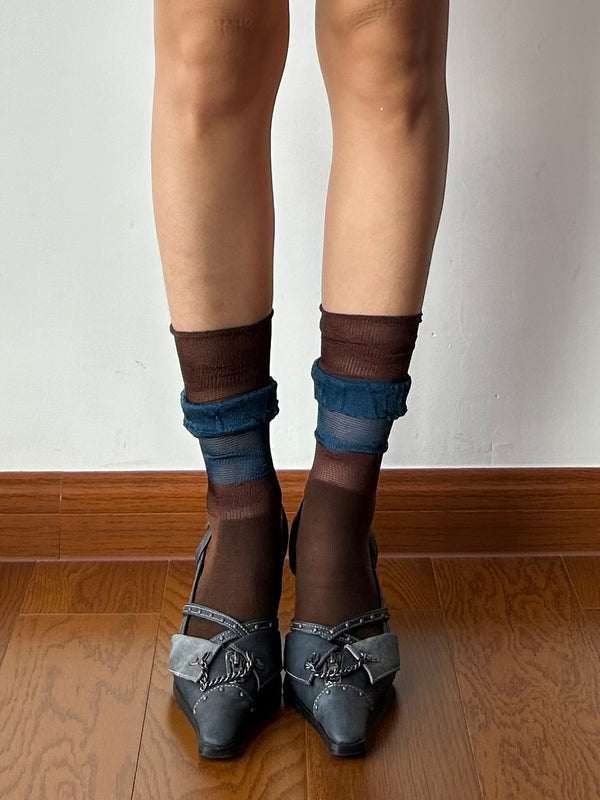 Brown+Blue Ruffle Cotton Crew Socks