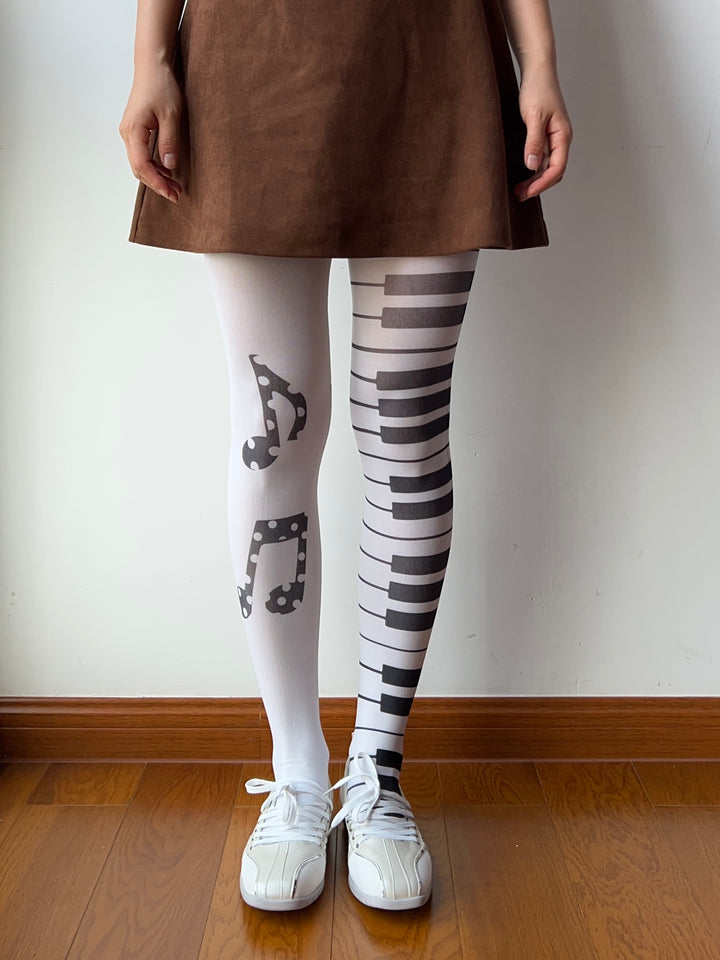 White Asymmetric Piano Pattern Print Tights – Moody MuMu