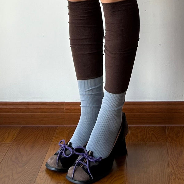 Brown + Smoky Blue Cotton Over the Knee Socks