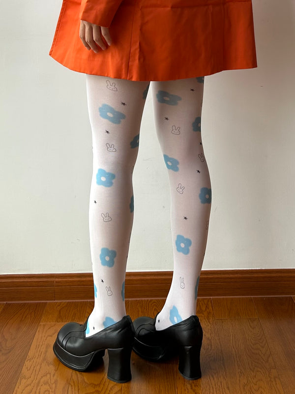 Illustration Collab-White Floral Print Velvet Tights