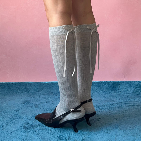 Grey Bow Deco Cotton Knee High Socks