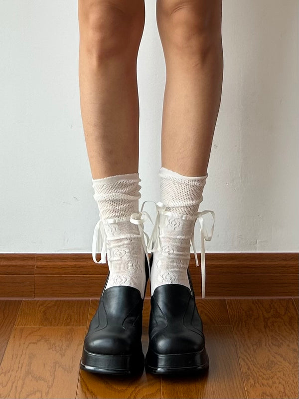 White Lace Up Crew Socks