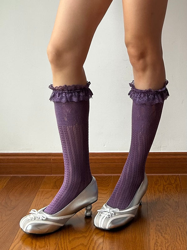 Purple Ruffle Fishnet Knee High Socks