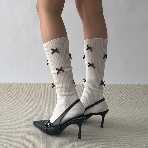 White Bow Deco Cotton Knee High Socks