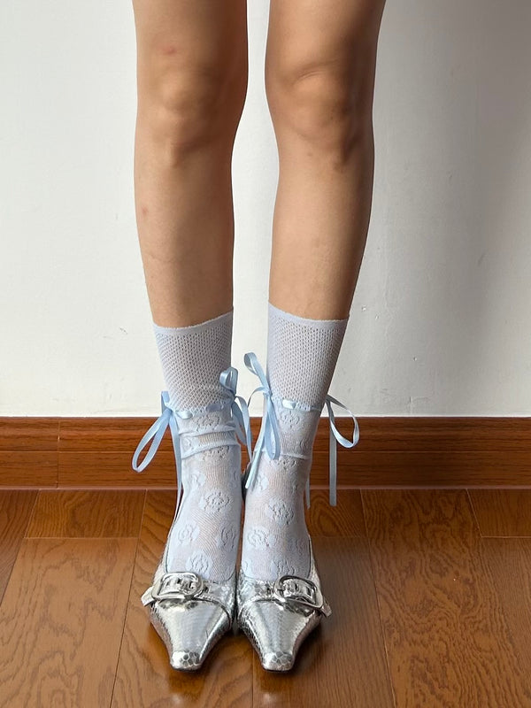 Dusty Blue Lace Up Crew Socks