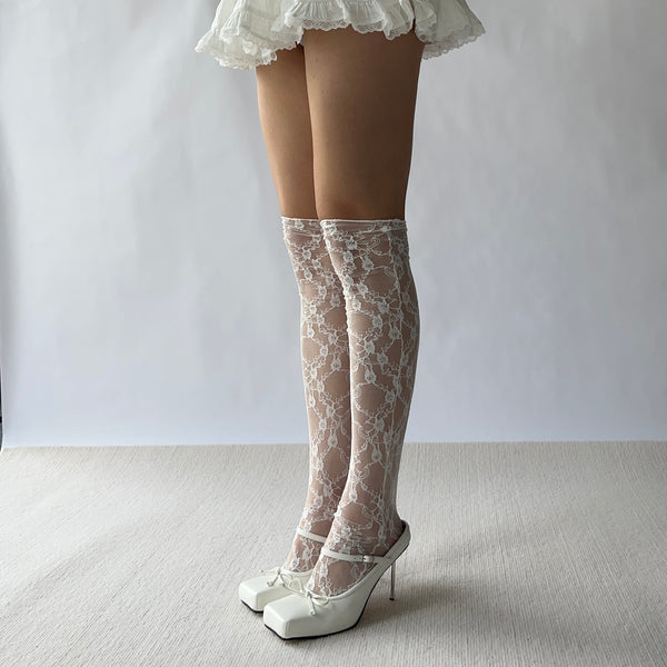 White Lace Over the Knee Socks