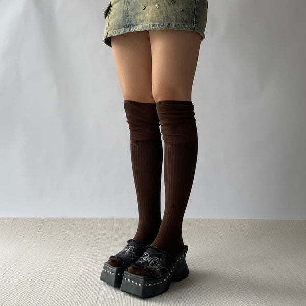 Brown Cotton Over the Knee Socks