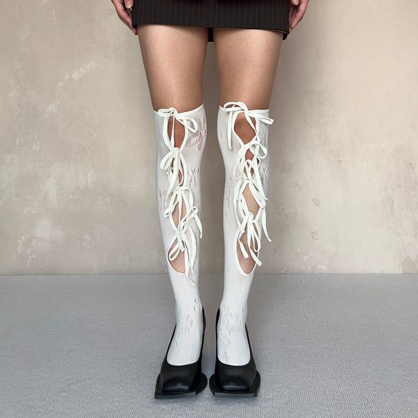 White Lace Up Fishnet Over the Knee Socks