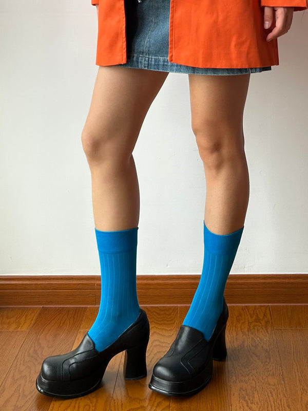 Blue Cotton Crew Socks
