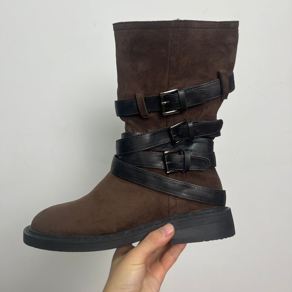 Brown Multi-Strap Buckle Decor Mid-calf Boots