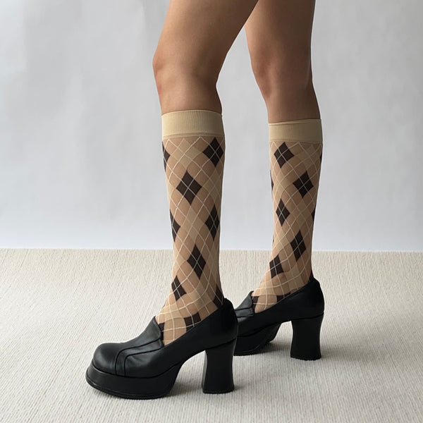 Khaki Check Pattern Sheer Knee High Socks