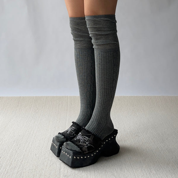 Grey Cable Pattern Cotton Over the Knee Socks