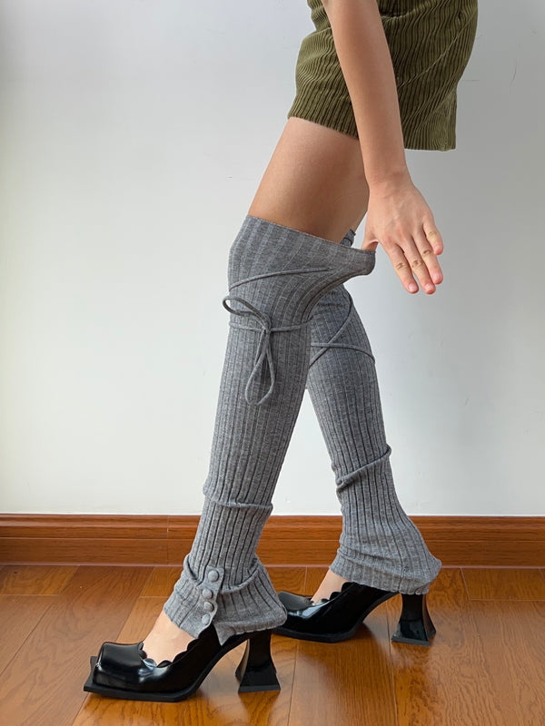 Gray Lace Up Wool Blend Leg Warmers