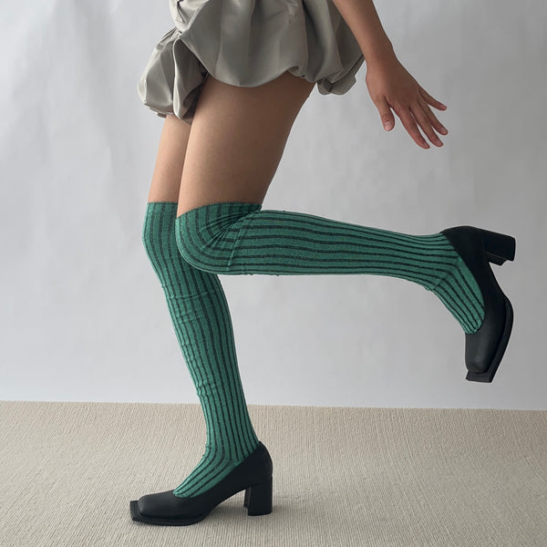 Green Stripe Cotton Over the Knee Socks