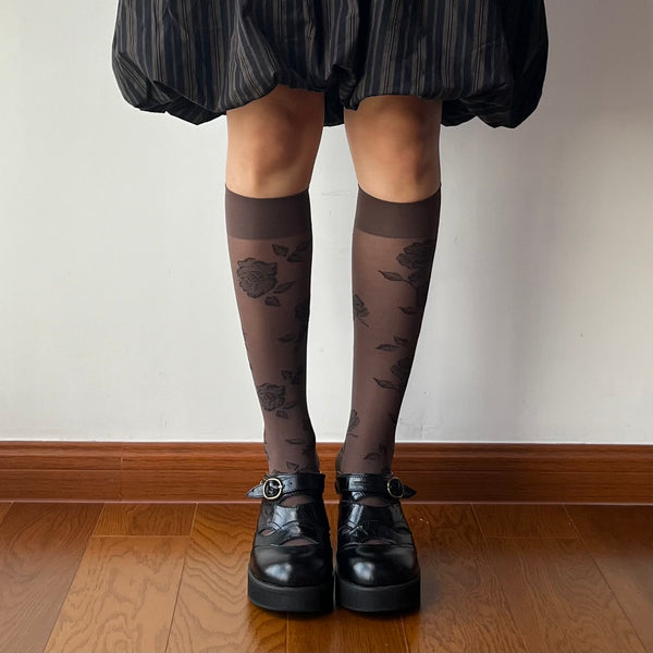 Brown Floral Velvet Knee High Socks