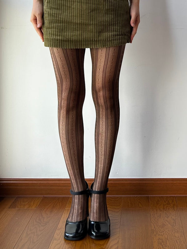 Coffee Floral Stripe Fishnet Tights