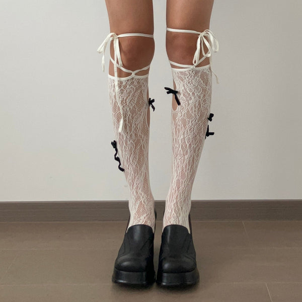 White Bow Deco Fishnet Knee High Socks