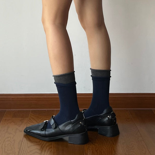 Navy Blue Contrasting Cotton Crew Socks