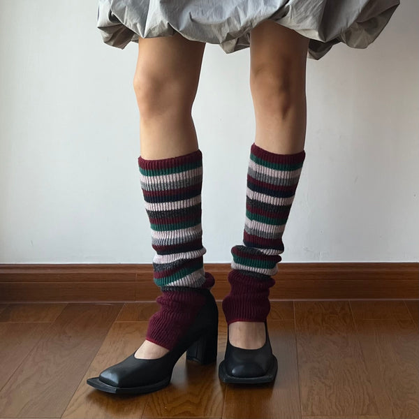 Burgundy Stripe Knitted Leg Warmers