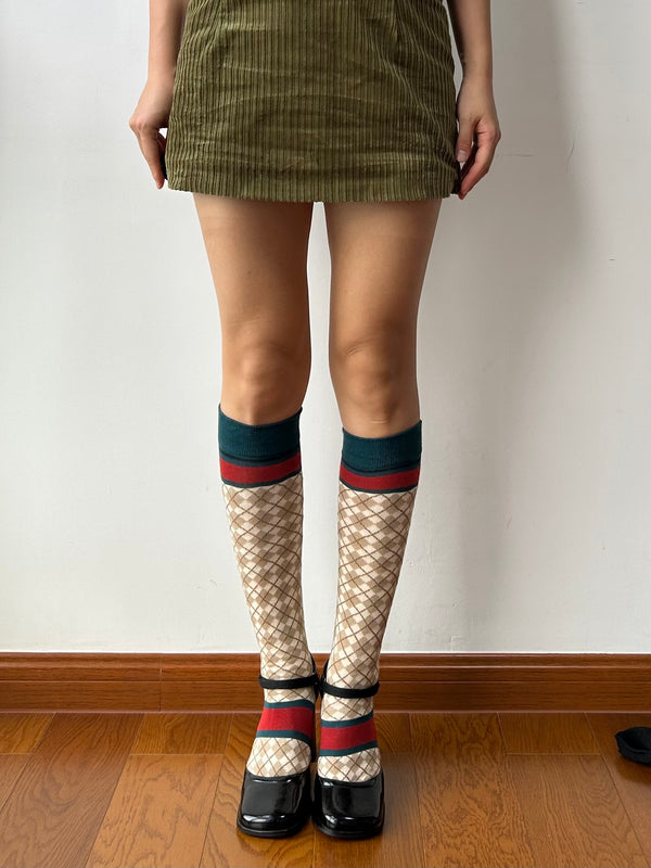 Khaki Check Pattern Cotton Knee High Socks