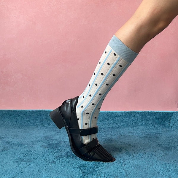 Blue Polka Dots Stripe Cotton Knee High Socks