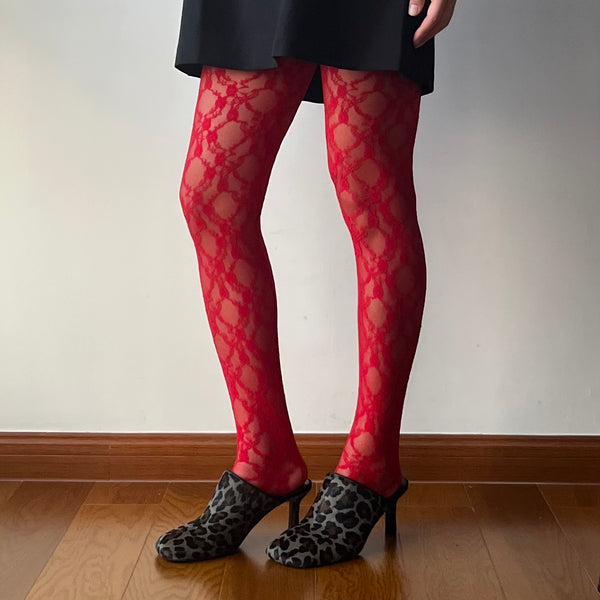 Red Floral Lace Made Tights