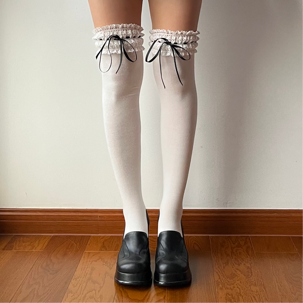 White Ruffle Cotton Over the Knee Socks