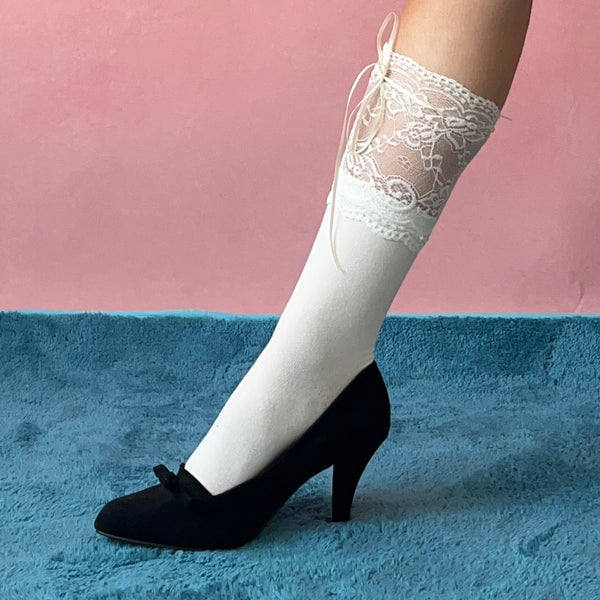 Cream Lace Up White Cotton Knee High Socks