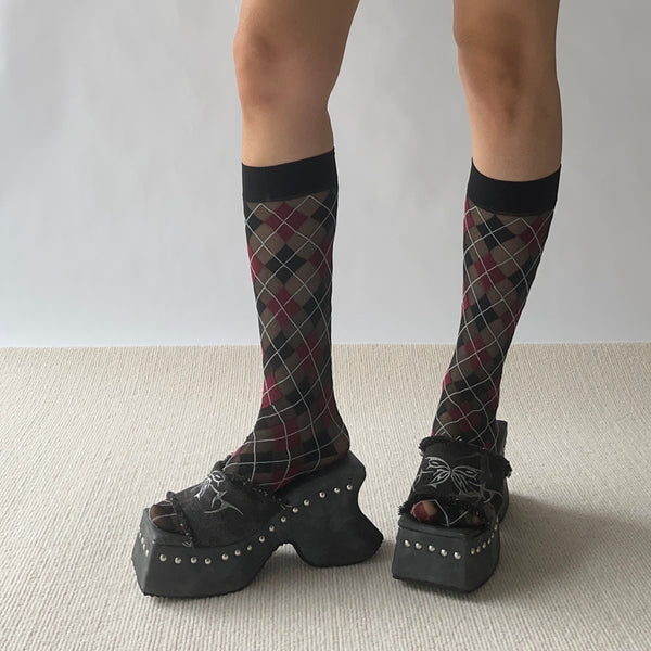 Red Check Pattern Sheer Knee High Socks