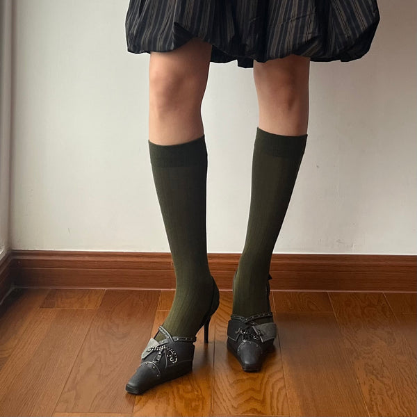 Dark Green Cotton Knee High Socks