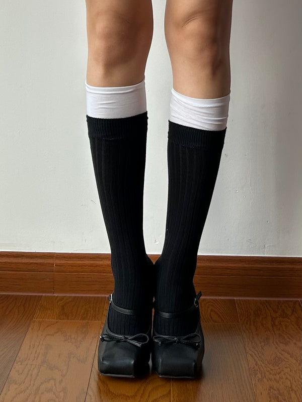 Black Stitch Cotton Knee High Socks