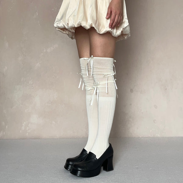 White Bow Deco Cotton Over the Knee Socks