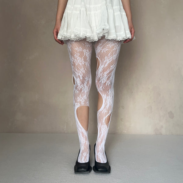 White Ripped Floral Pattern Fishnet Tights