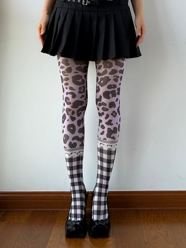 Purple Leopard Lace Velvet Tights