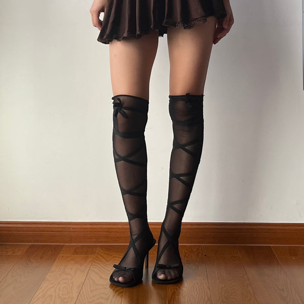 Black Lace Up Mesh Over the Knee Socks