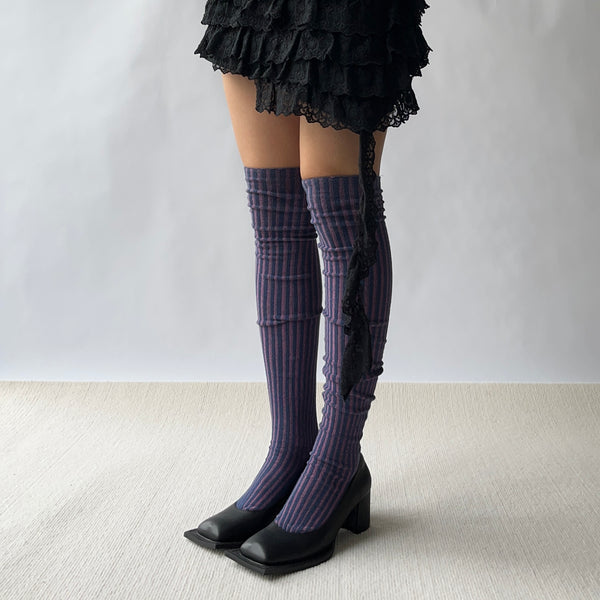 Red Violet Stripe Cotton Over the Knee Socks