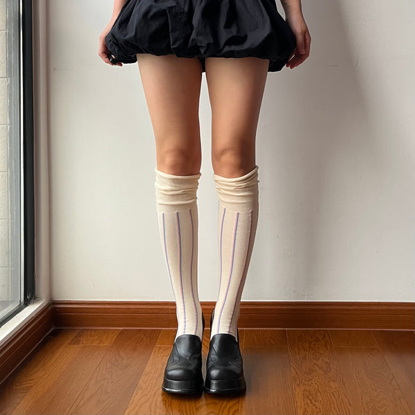 Beige Stripe Cotton Over the Knee Socks