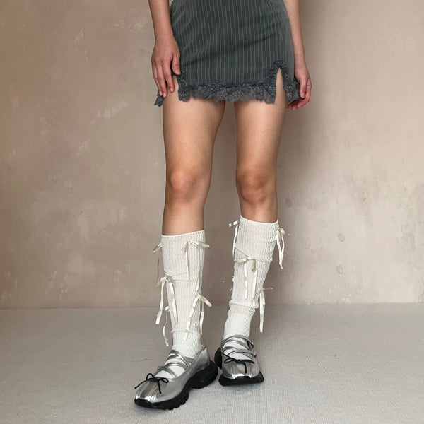 Silver Bow Deco Metallic Cotton Knee High Socks