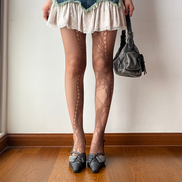 Brown Rose Pattern Fishnet Tights